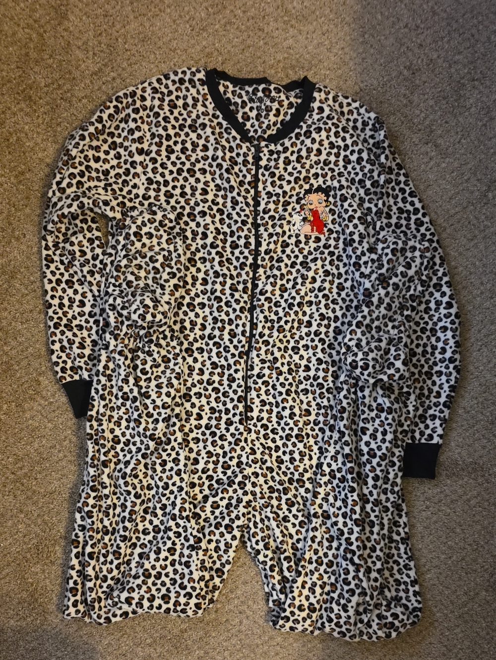 Betty Boop Leopard Print One-Piece Pajama Romper - Black, White, Brown